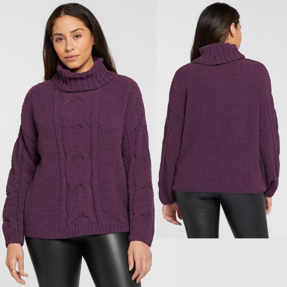Seven7 Sz LARGE Chenille Sweater Women Cable Knit Chunky Blackberry Wine $74 NEW
